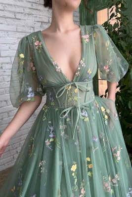 V-neck green long sleeves a-line floral prom dress_5