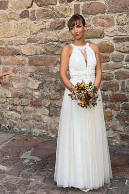 Simple Halter White Tulle Wedding Dress_1