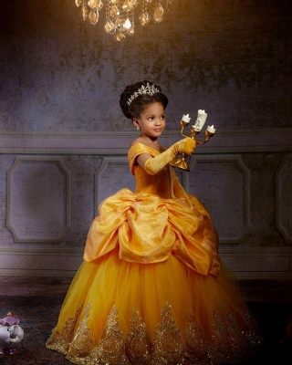 Robe de princesse jaune pour fille pour fête d'anniversaire Robe en tulle de velours à épaules dénudées pour enfants_3