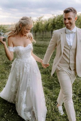 Элегантное свадебное платье из тюля с цветочным кружевом и открытыми плечами_5