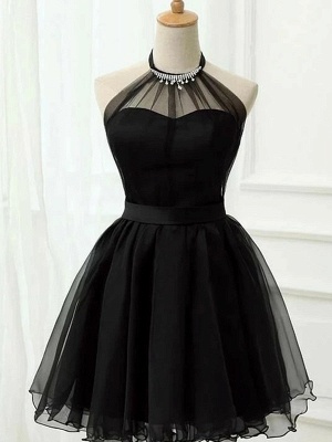 Black Short Homecoming Dress Halter Tulle Prom Dress_1