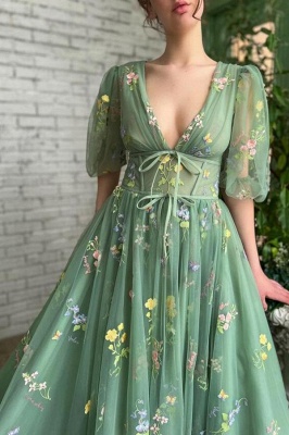 V-neck green long sleeves a-line floral prom dress_4