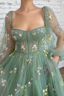 Robe de bal romantique verte à manches longues et fleurs en cœur_2