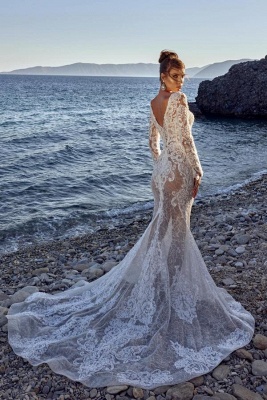 Long Sleeves Mermaid Wedding Dress White Tulle Bridal Gown_2