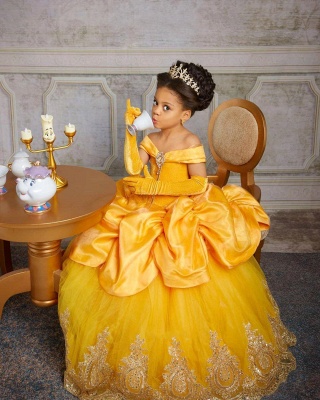 yellow Princess Girl Dress for Birthday Party Off-the-Shoulder Velvet Tulle Pegant Dress for Kids