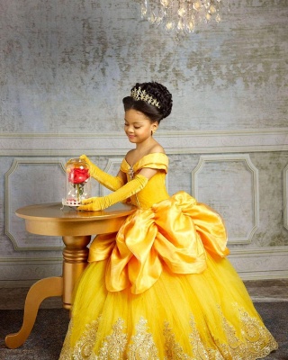 Robe de princesse jaune pour fille pour fête d'anniversaire Robe en tulle de velours à épaules dénudées pour enfants_2
