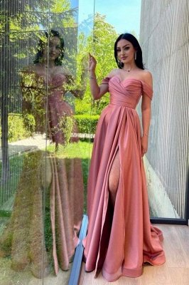 Off-the-Shoulder Ruched Satin Long Evening Party Dress with Side Split_2