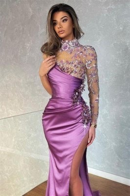 High neck lavender long sleeves mermaid prom dress with sexy split