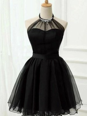 Черное короткое платье выпускного вечера из тюля с лямкой на шее_1