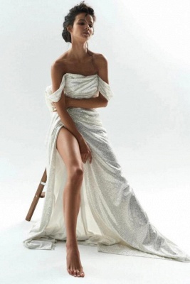 Schulterfreies Pailletten-Meerjungfrau-Hochzeitskleid Einfaches seitlich geteiltes Brautkleid_9