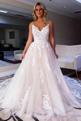 Weißes Tüll-Spitzen-Hochzeitskleid Ärmelloses langes Kleid mit V-Ausschnitt für die Braut_1