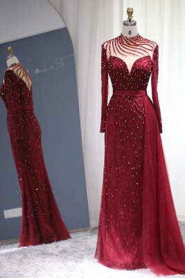 Бордовое вечернее платье выпускного вечера русалки с длинными рукавами и жемчугом_1