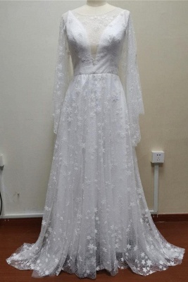 Simple Puffy Sleeves Evening Dress Scoop Neck Star Pattern Aline Bridal Dress_5