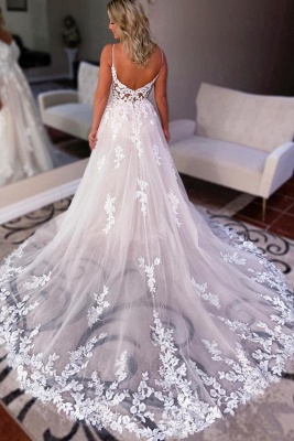 Weißes Tüll-Spitzen-Hochzeitskleid Ärmelloses langes Kleid mit V-Ausschnitt für die Braut_2
