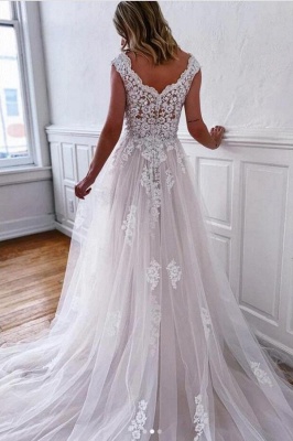 V-neck sleeveless white wedding dress with court train_2