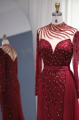 Бордовое вечернее платье выпускного вечера русалки с длинными рукавами и жемчугом_2
