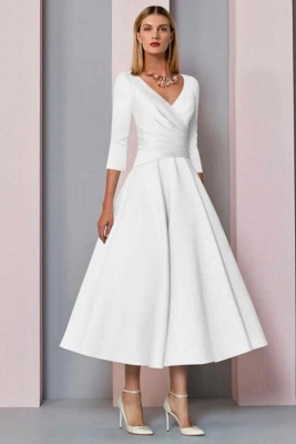Weißes, knöchellanges Kleid für die Brautmutter mit halben Ärmeln und V-Ausschnitt aus Satin für Hochzeitsgäste_2