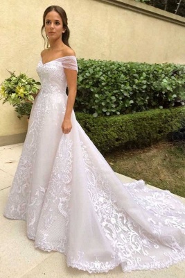 Schulterfreies weißes Brautkleid mit floralen Spitzenapplikationen Romantisches Hochzeitskleid_3