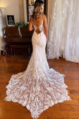 Élégante robe de mariée sirène florale sans manches robe de mariée col en V_4