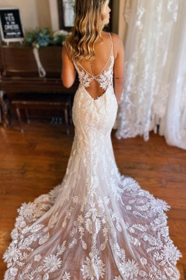 Élégante robe de mariée sirène florale sans manches robe de mariée col en V_2