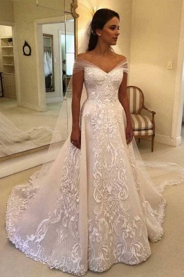 Schulterfreies weißes Brautkleid mit floralen Spitzenapplikationen Romantisches Hochzeitskleid_1