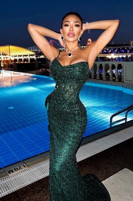 Sexy Dark Green Sparkly Sequins Mermaid Prom Dress Side Split Evening ...