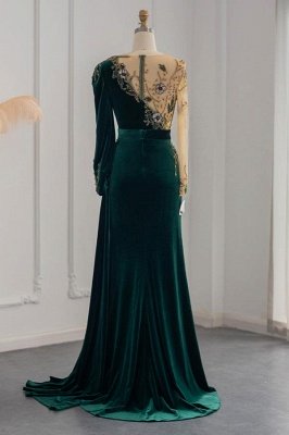 Charming Ruched Velvet Long Evening Dress Crew Neck Glitter Crystals Pearls Prom Dress  with Side Sweep Straps_3