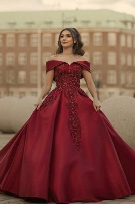 Elegant Off-the-Shoulder Satin Evening Dress Glitter Beadings Party Gown