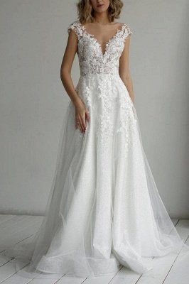 Chic Floral Lace Tulle Wedding Dress Aline Cap Sleeves Bridal Dress Long_1