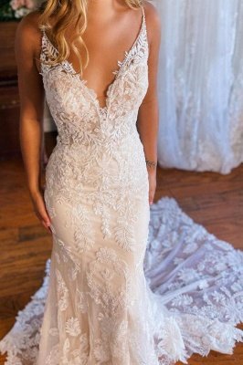 Elegante vestido de noiva floral sem mangas sereia com decote em V_3