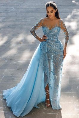 Новое небесно-голубое длинное платье для выпускного вечера с блестками и бисером_1