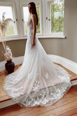 Stylish White Floral Lace Tulle Wedding Dress Spaghetti Straps Appliques Long Bridal Dress_4
