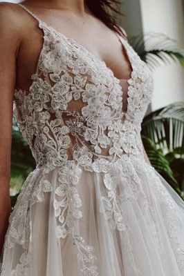 Elegant V-Neck Tulle Aline Wedding Dress Lace Appliques Bridal Dress with Straps_4