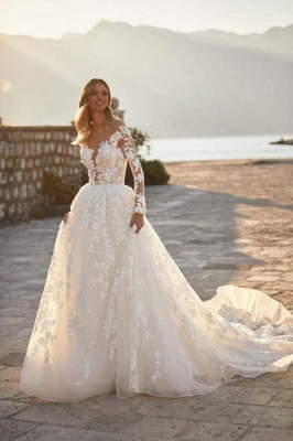Элегантное свадебное платье Aline с цветочным кружевом и длинными рукавами, свадебное платье без спинки_1