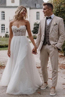 Vestido de noiva Sweetheart sem alças de tule branco com divisão lateral_1