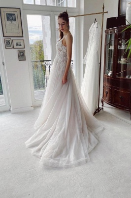 Elegant V-Neck Tulle Aline Wedding Dress Lace Appliques Bridal Dress with Straps_2