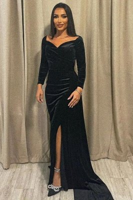 Черное бархатное вечернее платье-русалка с длинными рукавами и боковым разрезом_1