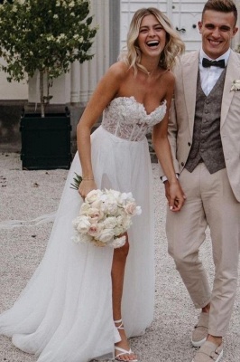 Vestido de noiva Sweetheart sem alças de tule branco com divisão lateral_3