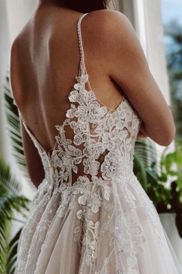 Elegant V-Neck Tulle Aline Wedding Dress Lace Appliques Bridal Dress with Straps_3