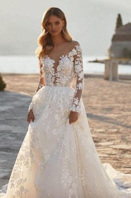 Elegant Floral Lace Aline Wedding Dress with Long Sleeves Backless Bridal Dress_3