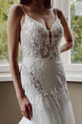 Stylish White Floral Lace Tulle Wedding Dress Spaghetti Straps Appliques Long Bridal Dress_2