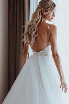 Simple Aline Wedding Dress Spaghetti Straps Tulle Floral Lace Bridal Dress_2