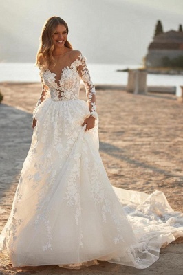 Elegant Floral Lace Aline Wedding Dress with Long Sleeves Backless Bridal Dress_4