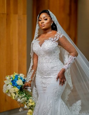 красивая русалка невеста длинный рукав жемчуг Тереза цветы свадебное платье