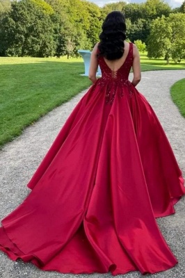 Red Square Neck Long Evening Dress Lace Satin Aline Ball Gown Backless_2