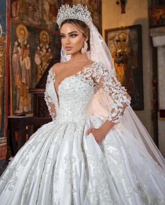 Lindo vestido de noiva mangas compridas 3D floral renda apliques vestido de noiva decote em V_4