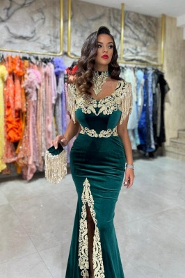 Sexy Halter Velvet Dark Green Mermaid Prom Dress with Gold Appliques with Tassels_3