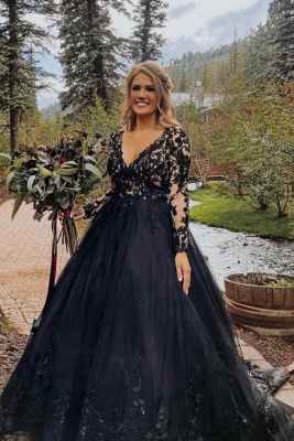 Elegant black V-neck a-line ball gown prom dress_1