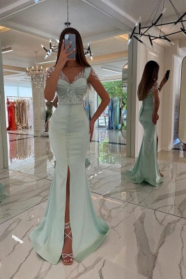 Stunning Mint Green Satin Mermaid Prom Dress Front Split Sweetheart Sequins Rhinestone_1