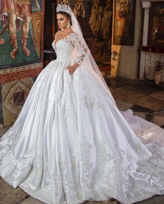 Lindo vestido de noiva mangas compridas 3D floral renda apliques vestido de noiva decote em V_3
